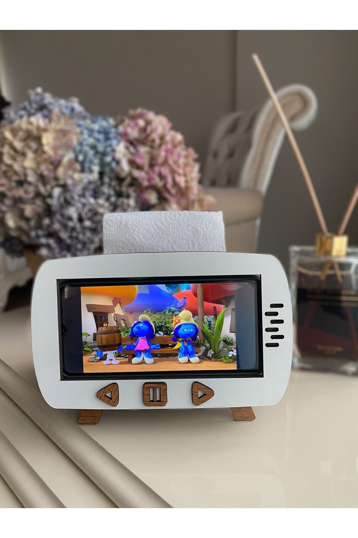 Ahşap Telefon Tutucu Peçetelik - Retro TV Görünümlü