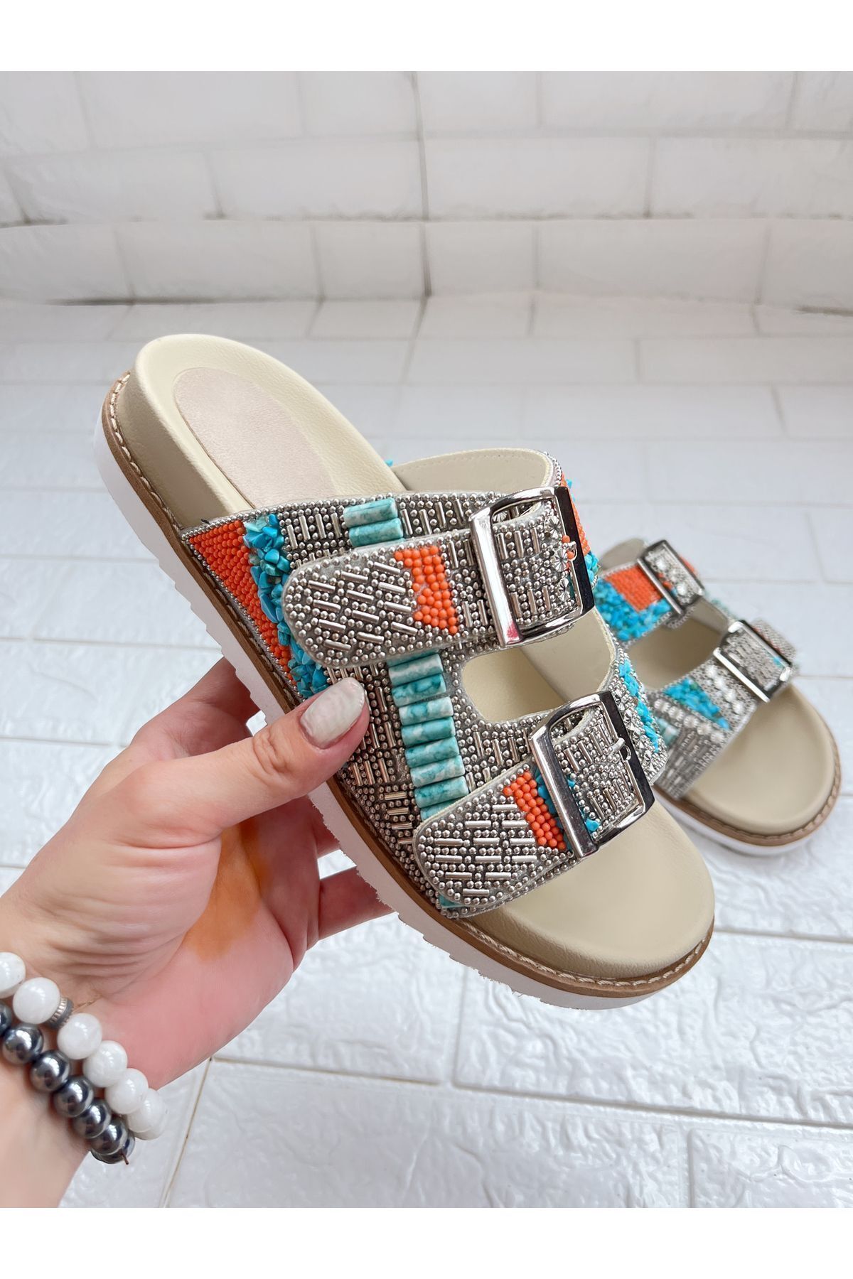 goodbye-Marrakech Silver Blue Orange Stone Genuine Leather Slippers 6