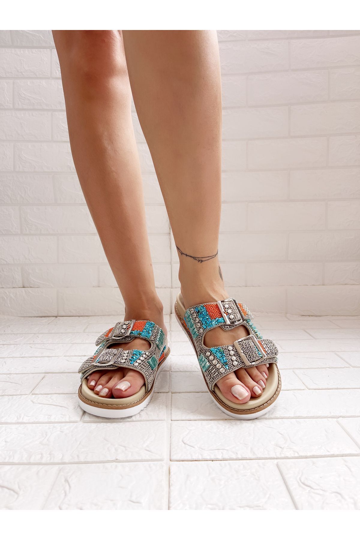 goodbye-Marrakech Silver Blue Orange Stone Genuine Leather Slippers 3