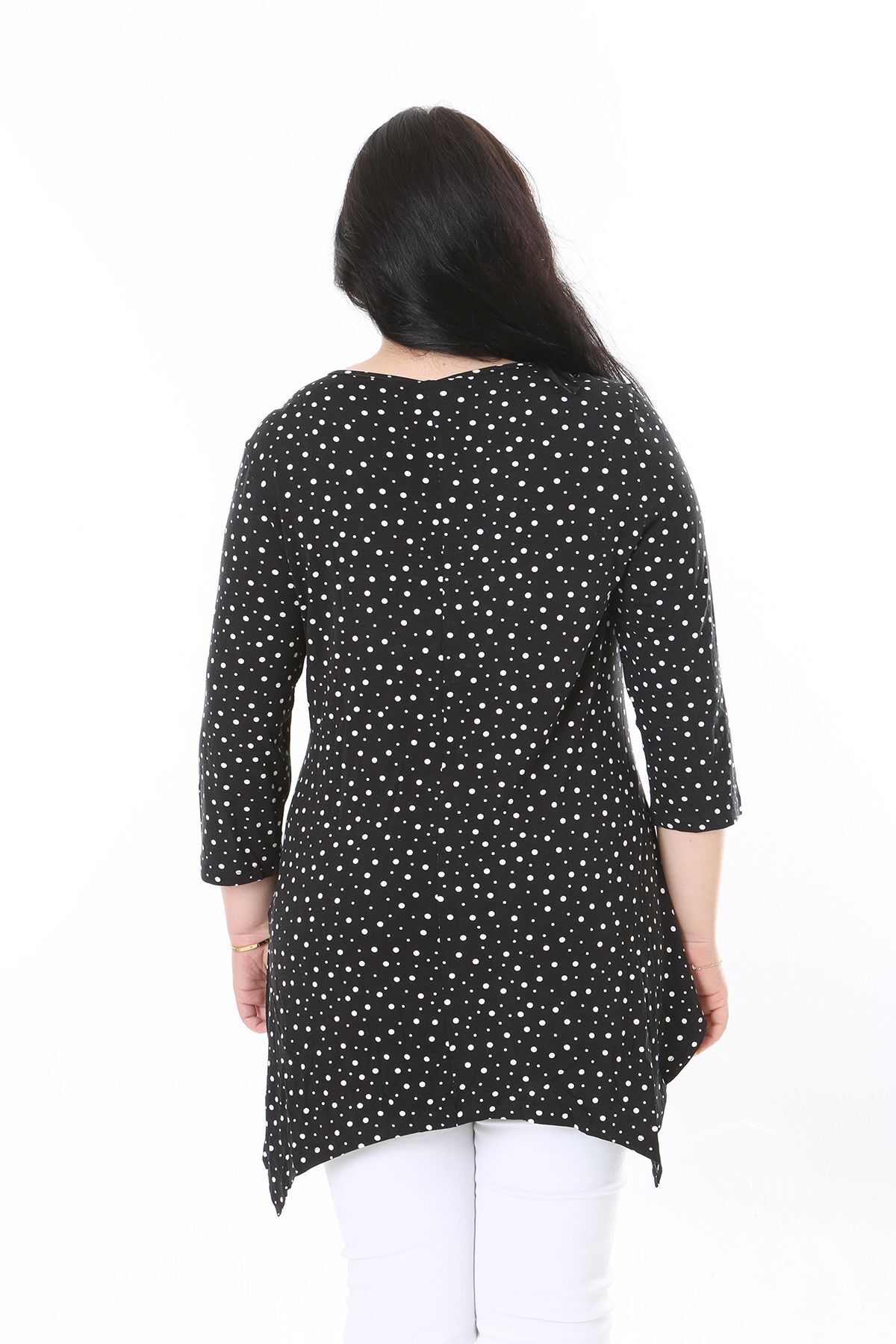 Şans-Plus Size Black Point Patterned Capri Blouse with Drawstring Chest - 65N37949 7
