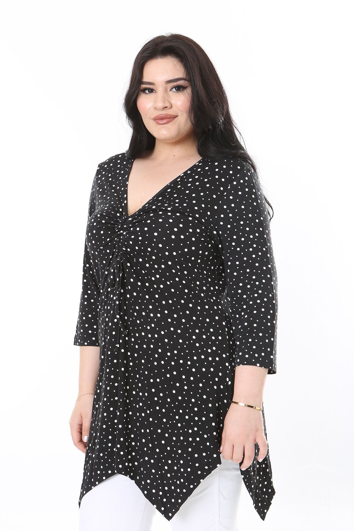 Şans-Plus Size Black Point Patterned Capri Blouse with Drawstring Chest - 65N37949 4