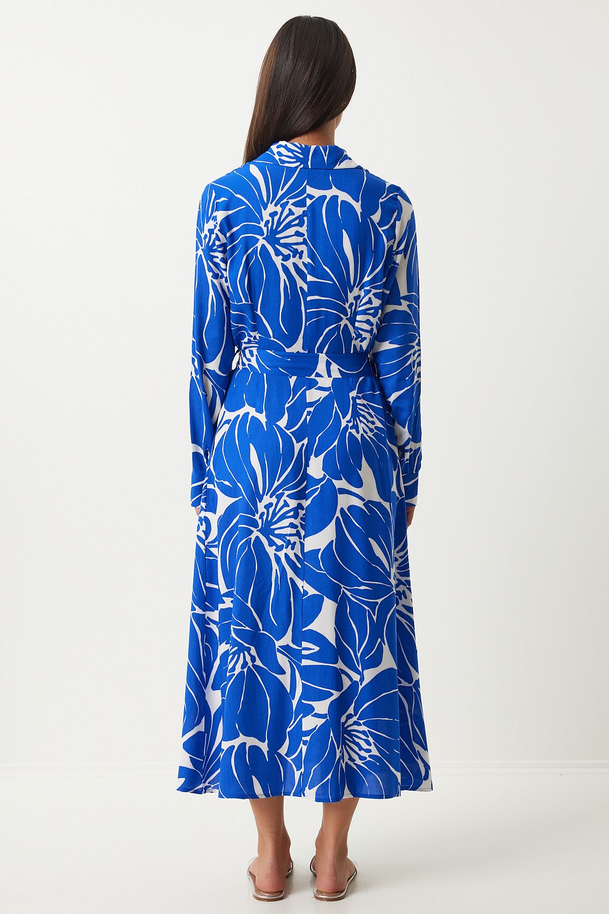 Happiness İstanbul-Blau-weißes Viskose-Hemdkleid – mit Gürtel, FN03204 5