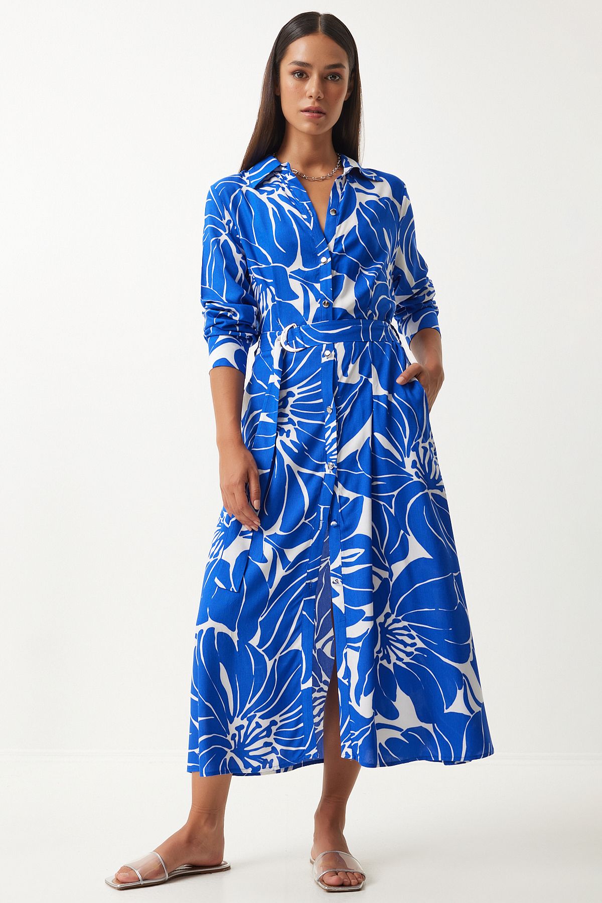 Happiness İstanbul-Blau-weißes Viskose-Hemdkleid – mit Gürtel, FN03204 2