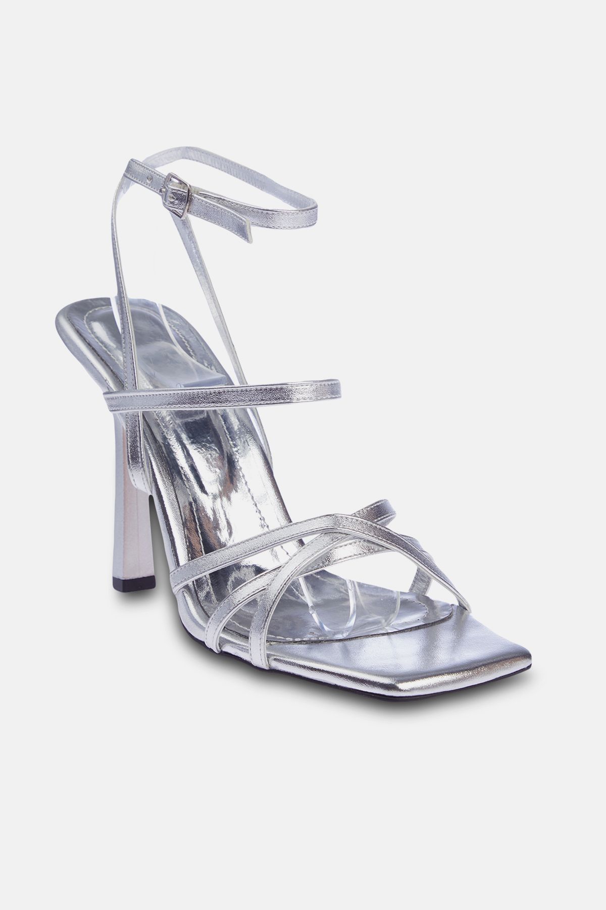 TRENDYOL SHOES-صندل نسائي ذو كعب مربع ومقدمة مربعة باللون الفضي المعدني TAKSS24TO00003 4