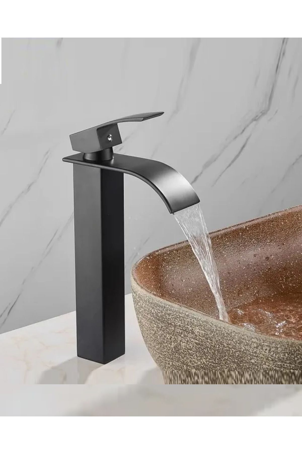 RENA DESIGN Siyah Çanak Lavabo Bataryası Oval Çıkış Havza Model Uzun/yüksek Lavabo Musluğu Çift Girişli