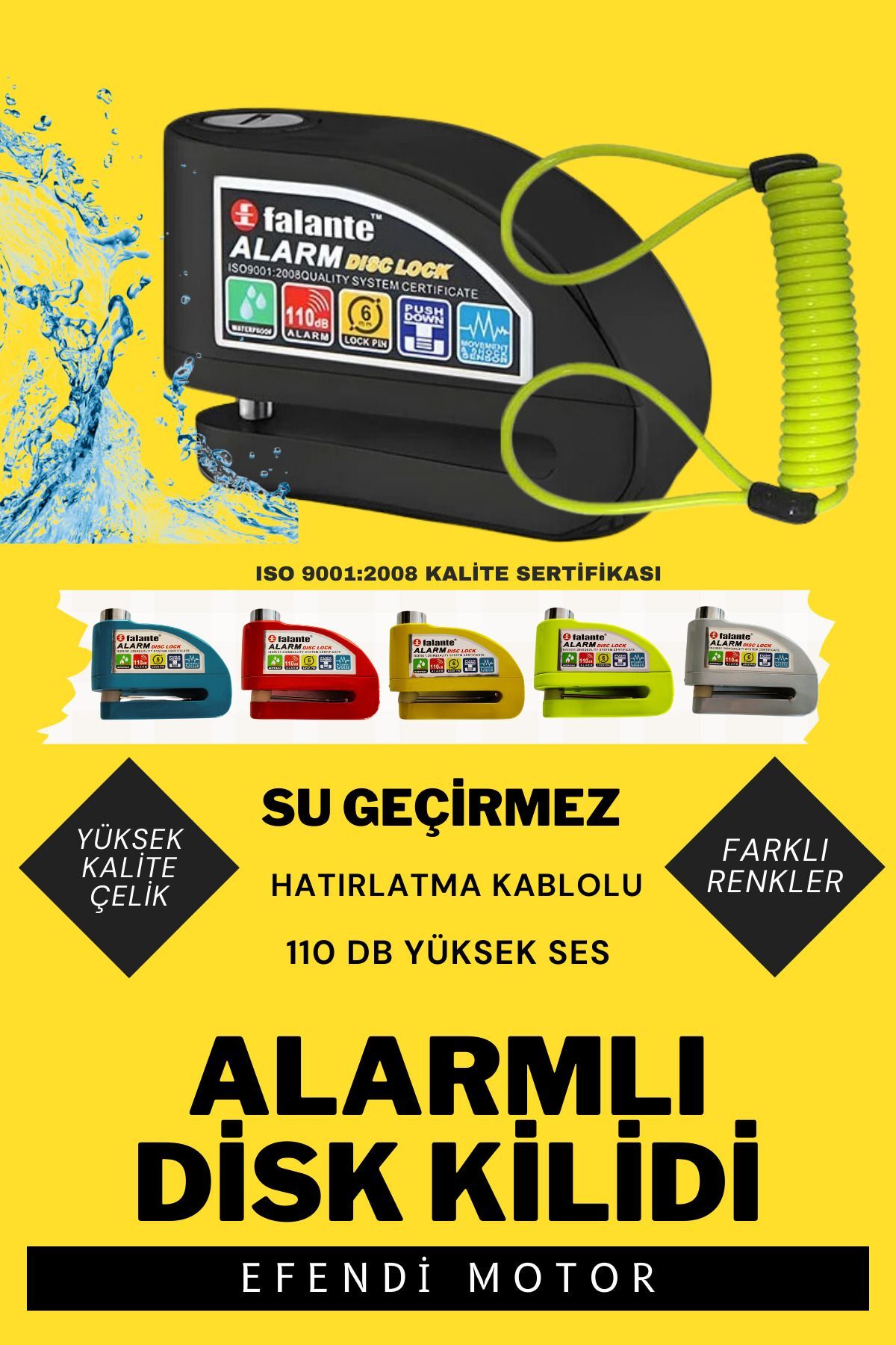 Efendi Motor Siyah Motosiklet Alarmlı Disk Kilidi Su Geçirmez Çelik Hatırlatma Kablolu