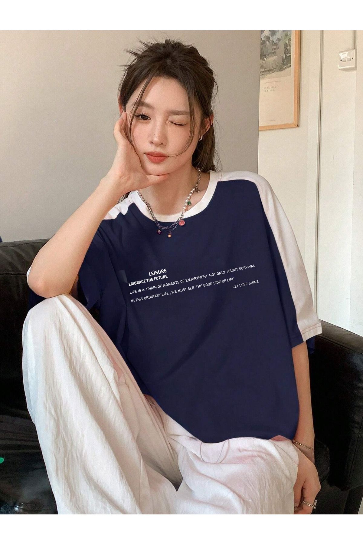 Leisure Future Parçalı Süprem T-Shirt - Lacivert Beyaz Oversize Bisiklet Yaka Kısa Kol Tişört