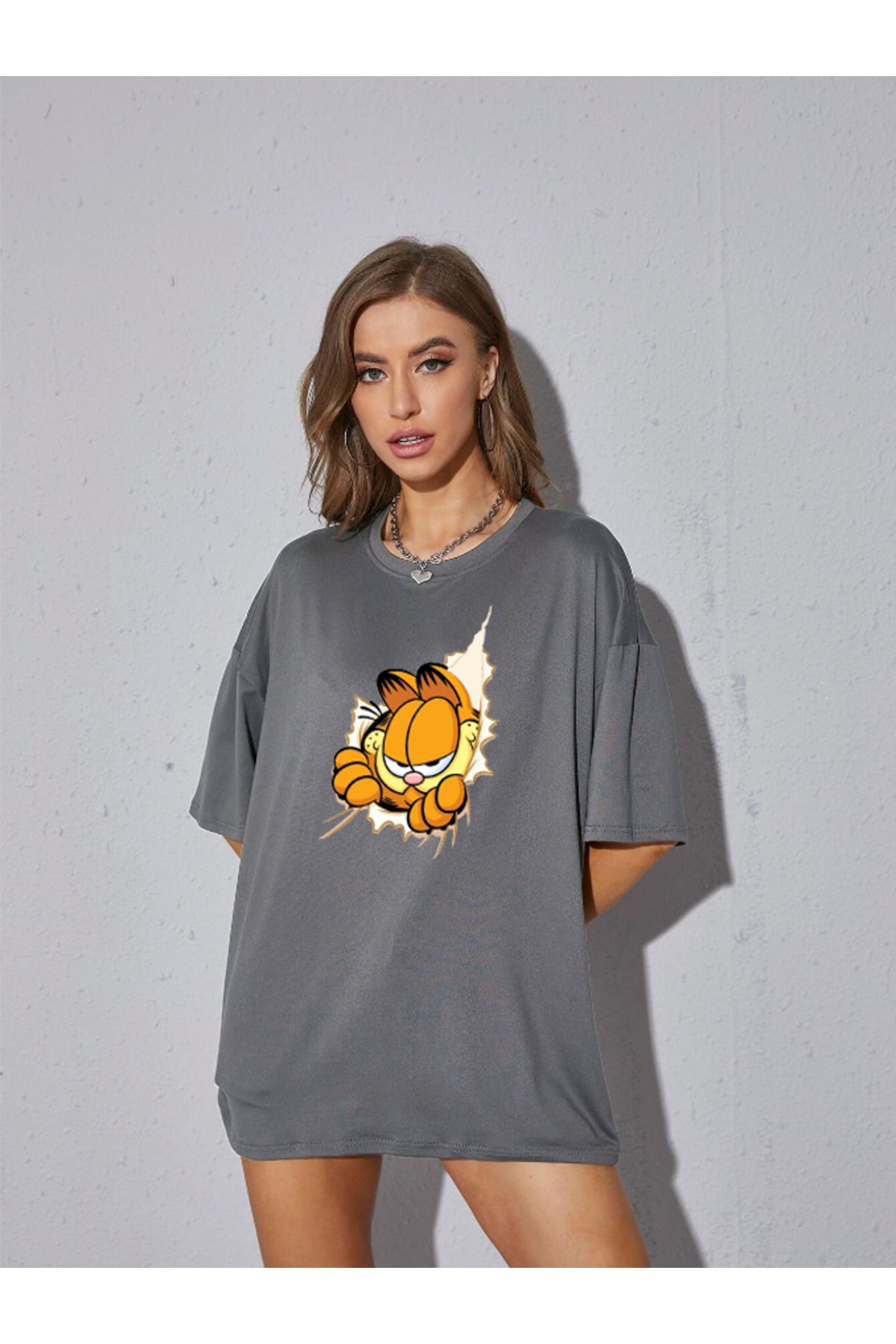 Revasser Kad n Garfield Renkli Ozel Bask l Oversize Pamuklu Bisiklet Yaka T Shirt Ti ort Fiyat Yorumlar Trendyol
