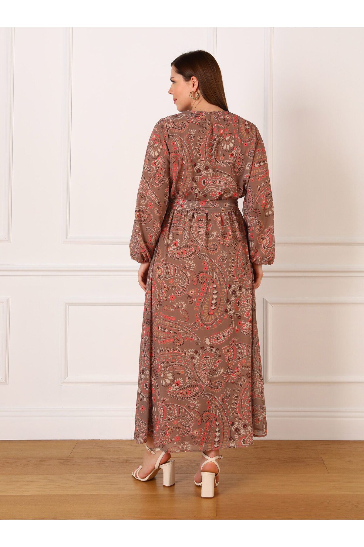 ALİA-Plus Size Chiffon Dress - Shawl Pattern, Camel Color - Alia 4