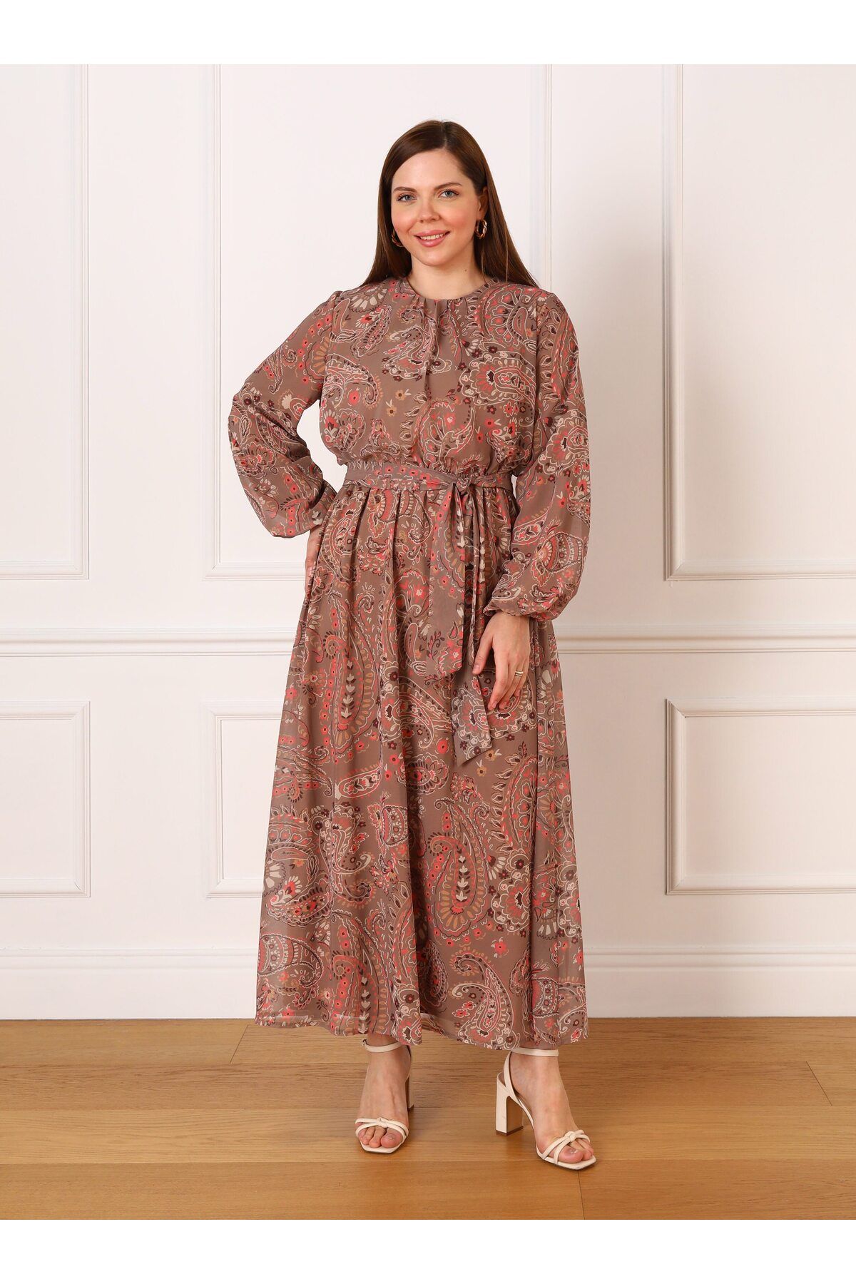 ALİA-Plus Size Chiffon Dress - Shawl Pattern, Camel Color - Alia 1