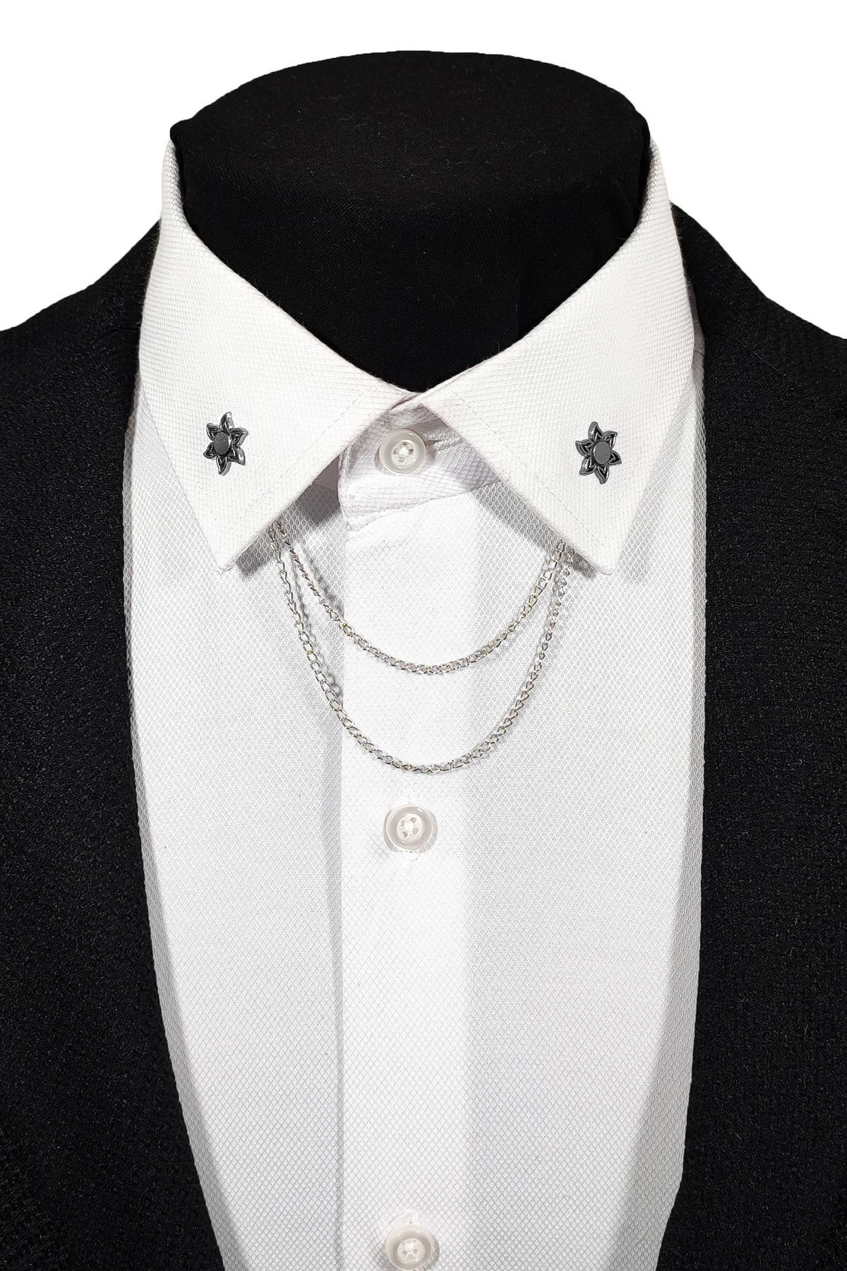  سنجاق یقه و زنجیر نقره‌ای خاکستری تیره طرح خورشید - اکسسوری پیراهن مینیمالیستی