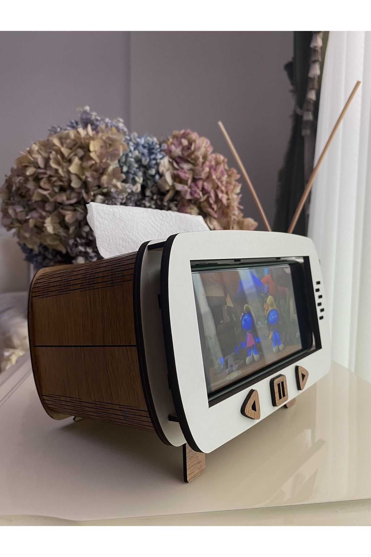 Ahşap Telefon Tutucu Peçetelik - Retro TV Görünümlü
