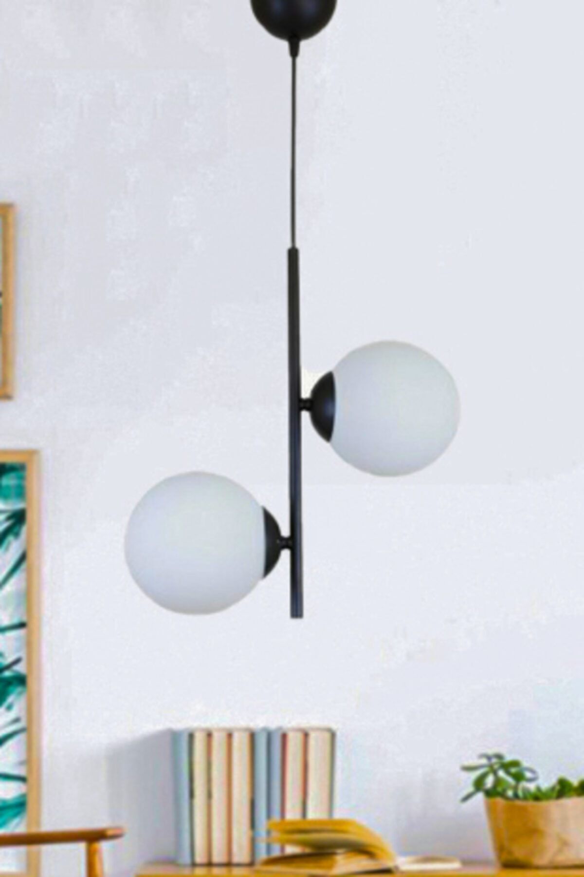 Fer Avize-Vitaly Modern Sports White Globe Glass Black Living Room - Kitchen - Bedroom 2-Piece Chandelier 1