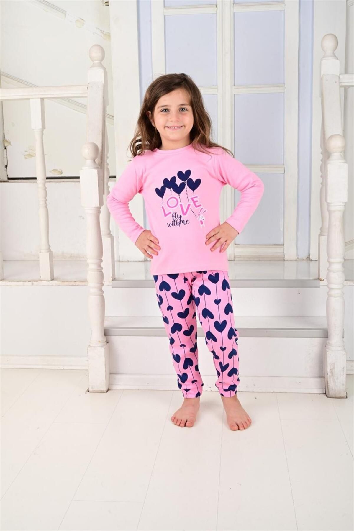 vitmo Kız Çocuk Uzun Kollu Pijama Takımı Ballon Hearth Pembe fotoğrafı 2 (önizleme)