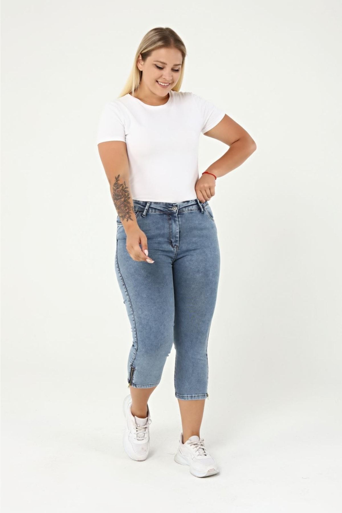 EYLÜL BUTİK  Kadın Kemerli Kot Kapri - Görsel 5