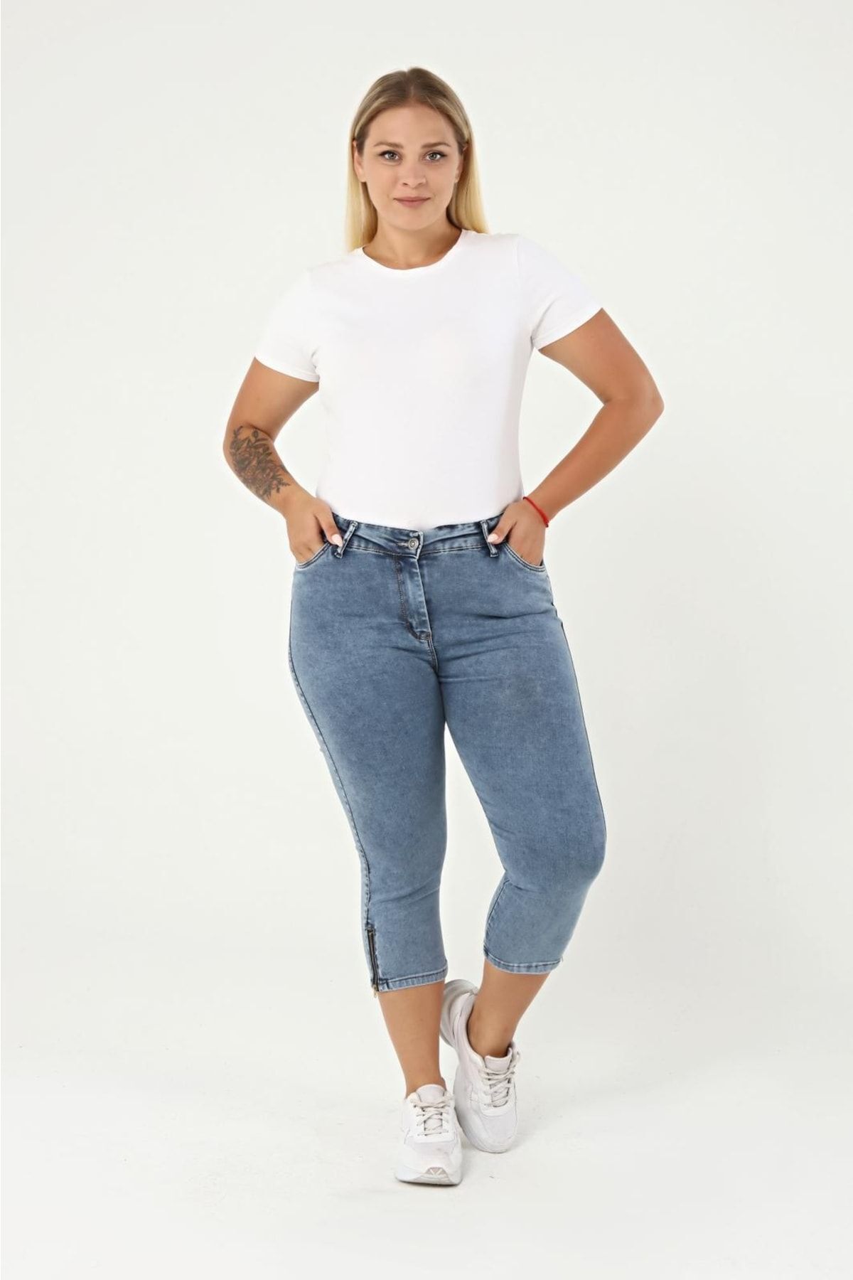 EYLÜL BUTİK  Kadın Kemerli Kot Kapri - Görsel 3