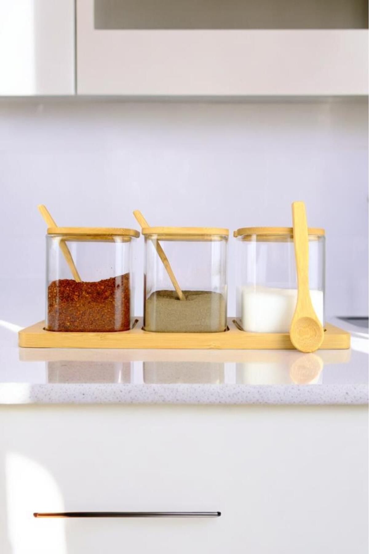 Digithome-Borosilicate Thin Glass and Wooden 3-Piece Jar Set with Stand - Brown F/3 3