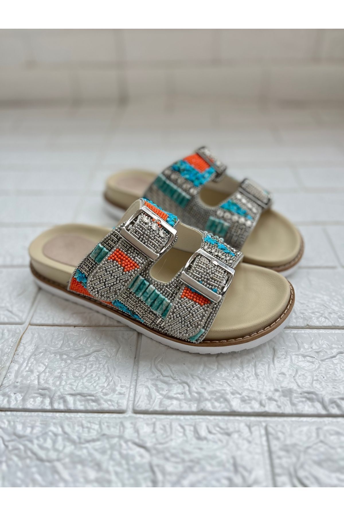 goodbye-Marrakech Silver Blue Orange Stone Genuine Leather Slippers 8