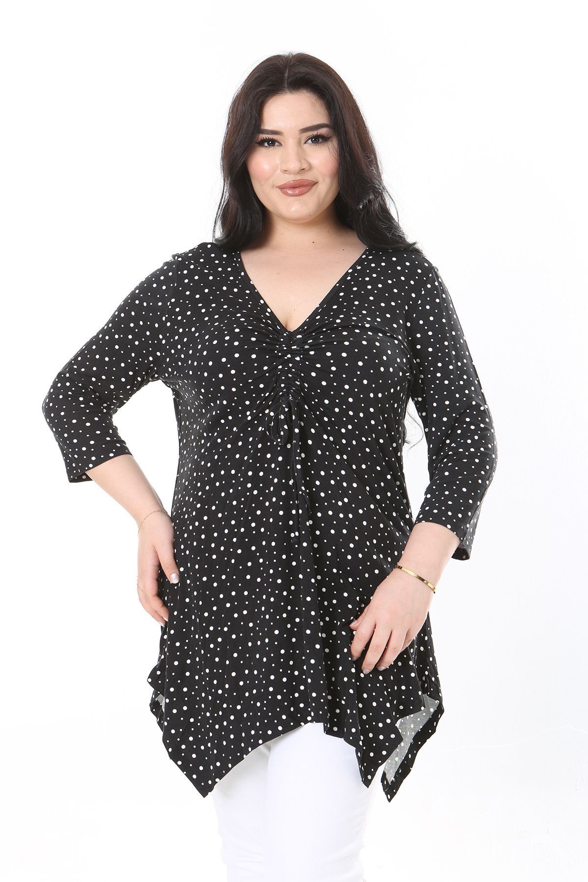 Şans-Plus Size Black Point Patterned Capri Blouse with Drawstring Chest - 65N37949 5