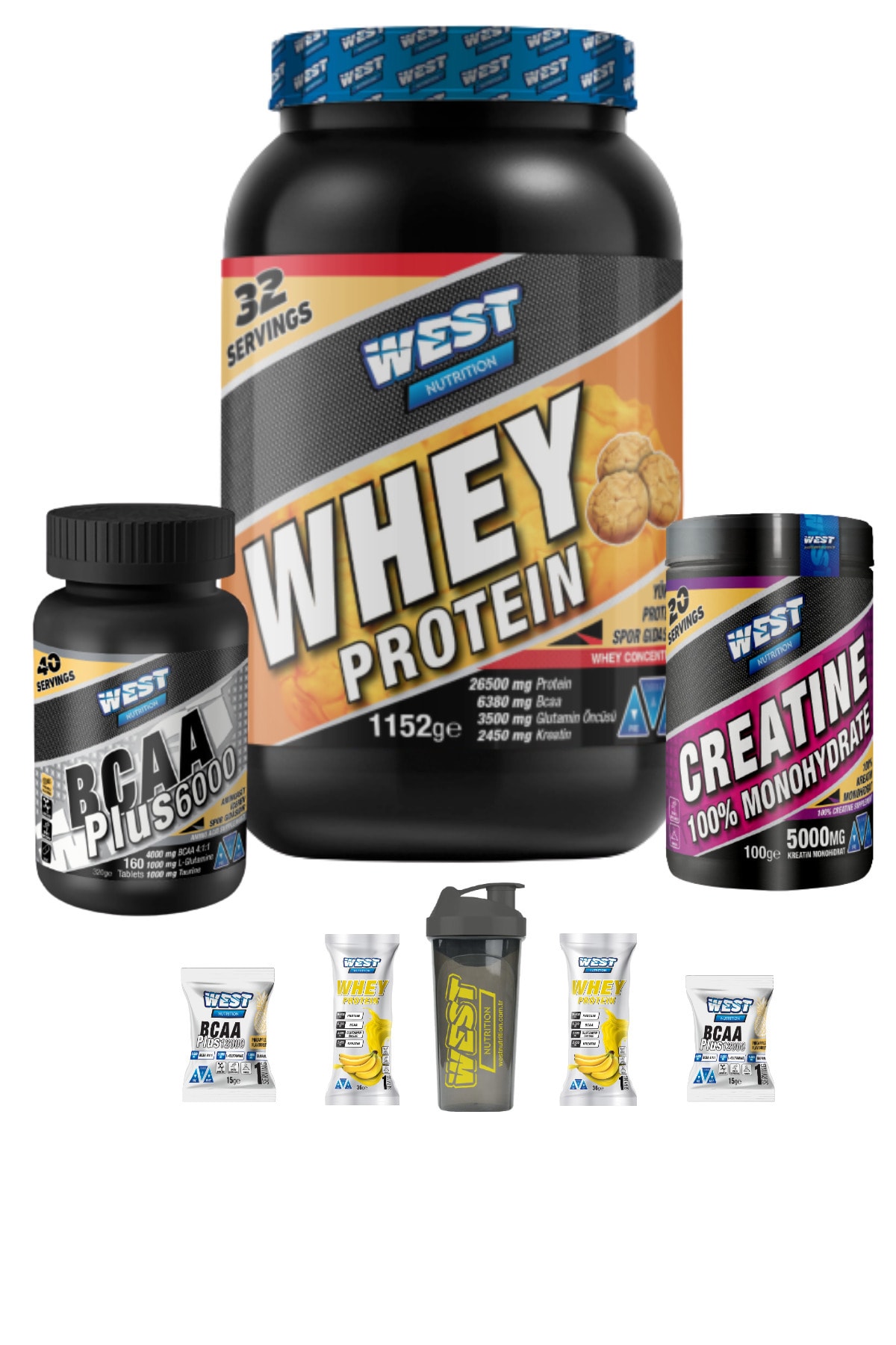 West Nutrition Whey Protein Tozu 1152 gr Kurabiye - Bcaa Plus 160 Tablet - Kreatin 100 gr Aromasız