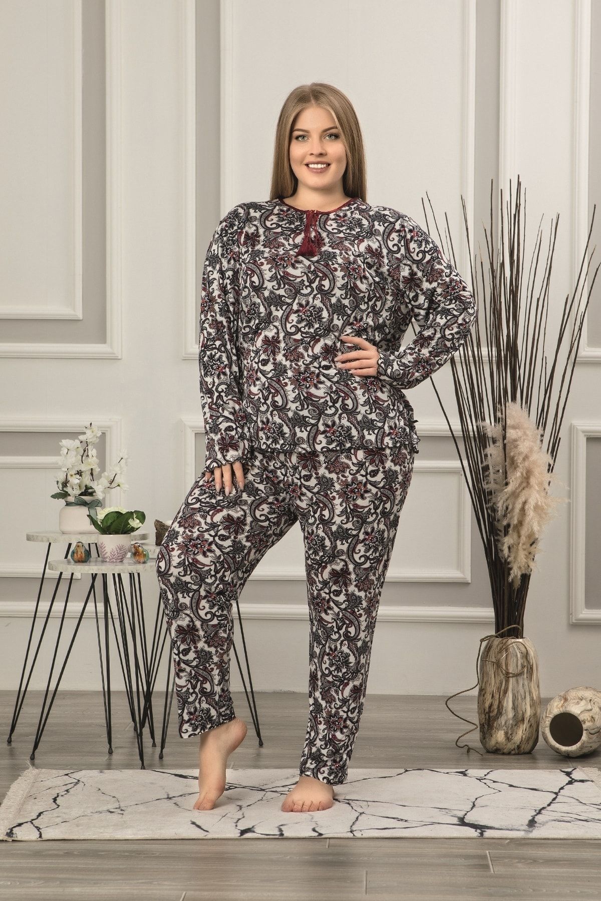 Kadın Vintage Viskon Uzun Kol Battal Pijama Takım