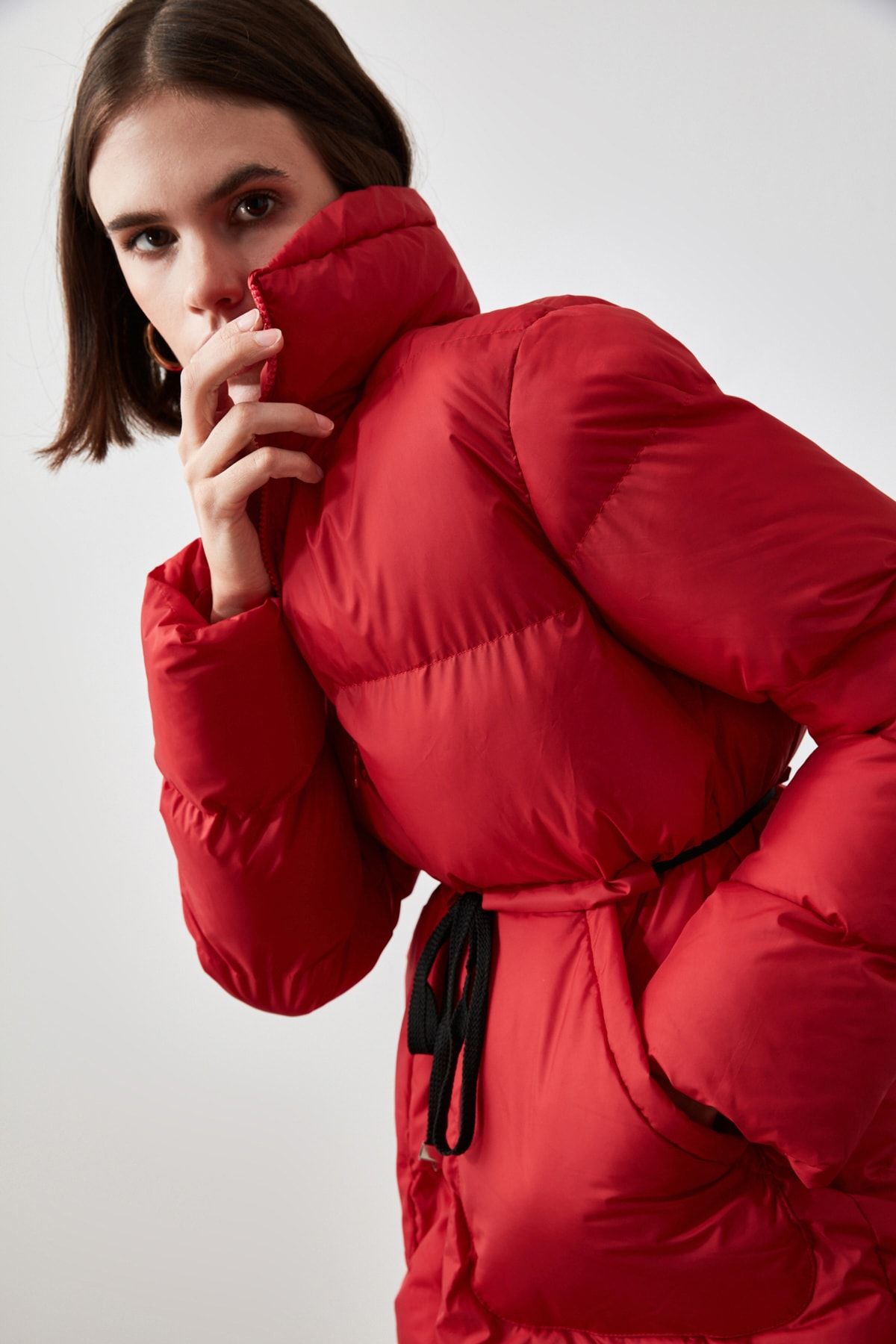 Red belted sale puffer coat