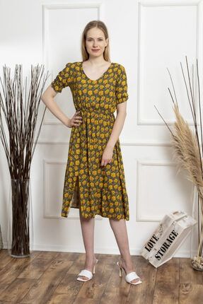Kadın Koyu Sarı Çiçekli Beli Lastikli Yırtmaçlı Elbise SÇE19