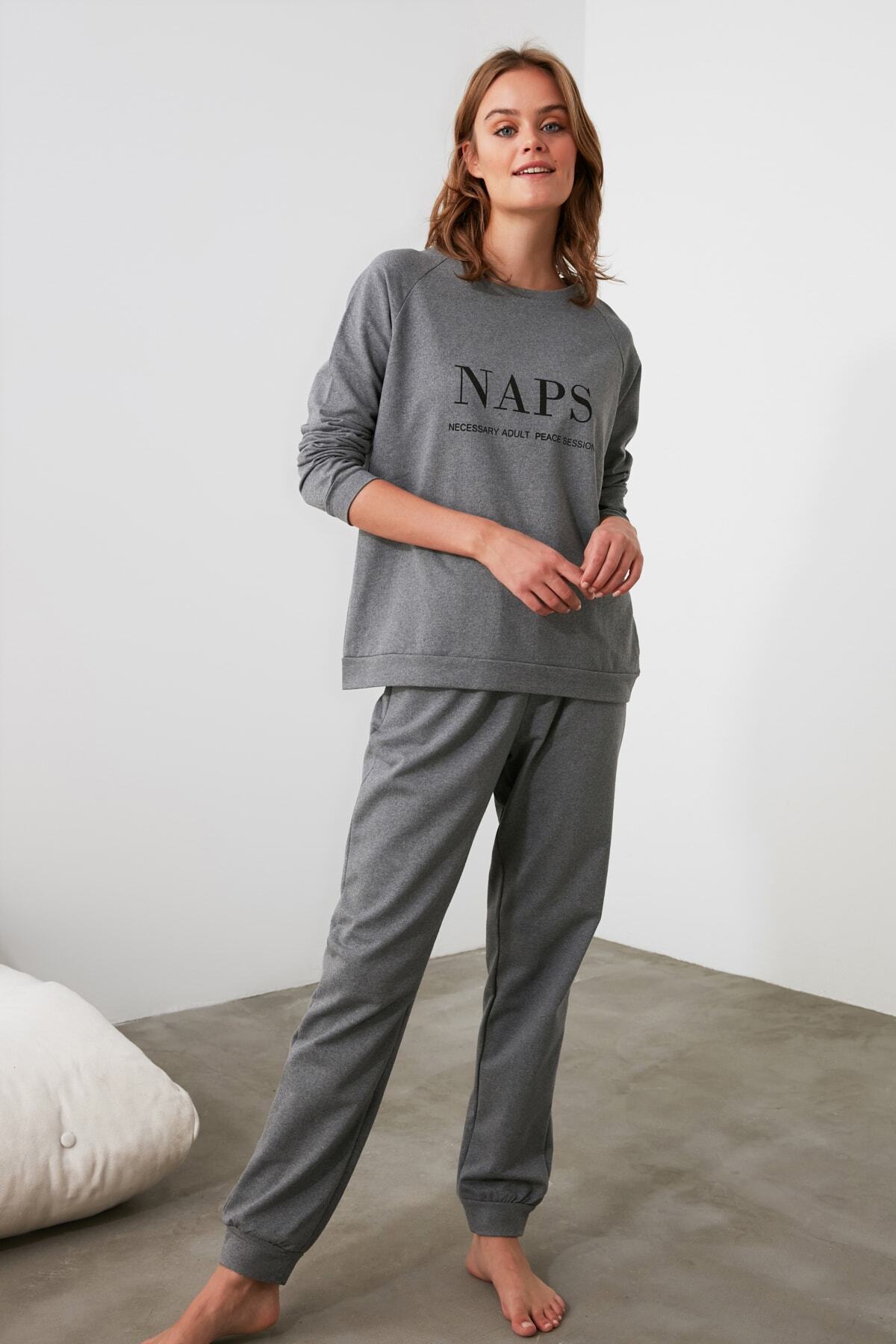 Trendyol Collection-Set pijama tricotată cu slogan antracit THMAW21PT0497 8