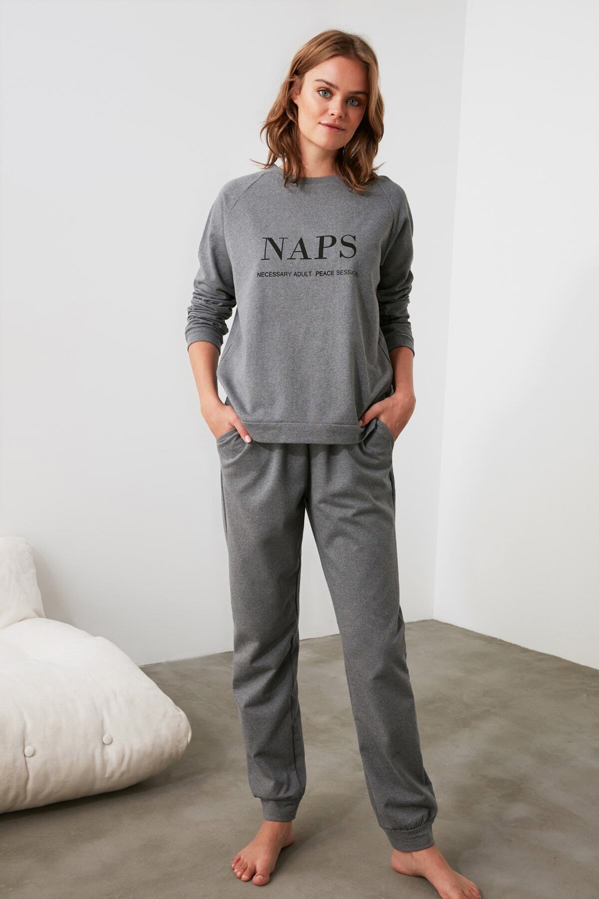 Trendyol Collection-Set pijama tricotată cu slogan antracit THMAW21PT0497 7