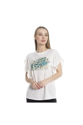 Kadın Beyaz Baskılı Kol Detaylı Basic T-Shirt DAN20Y-TST-010