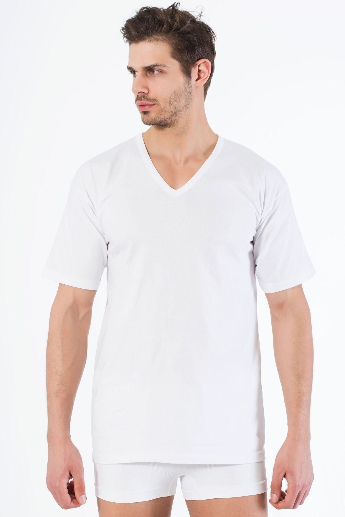 Siyah İnci-Tricou cu mânecă scurtă cu decolteu în V din bumbac alb 1