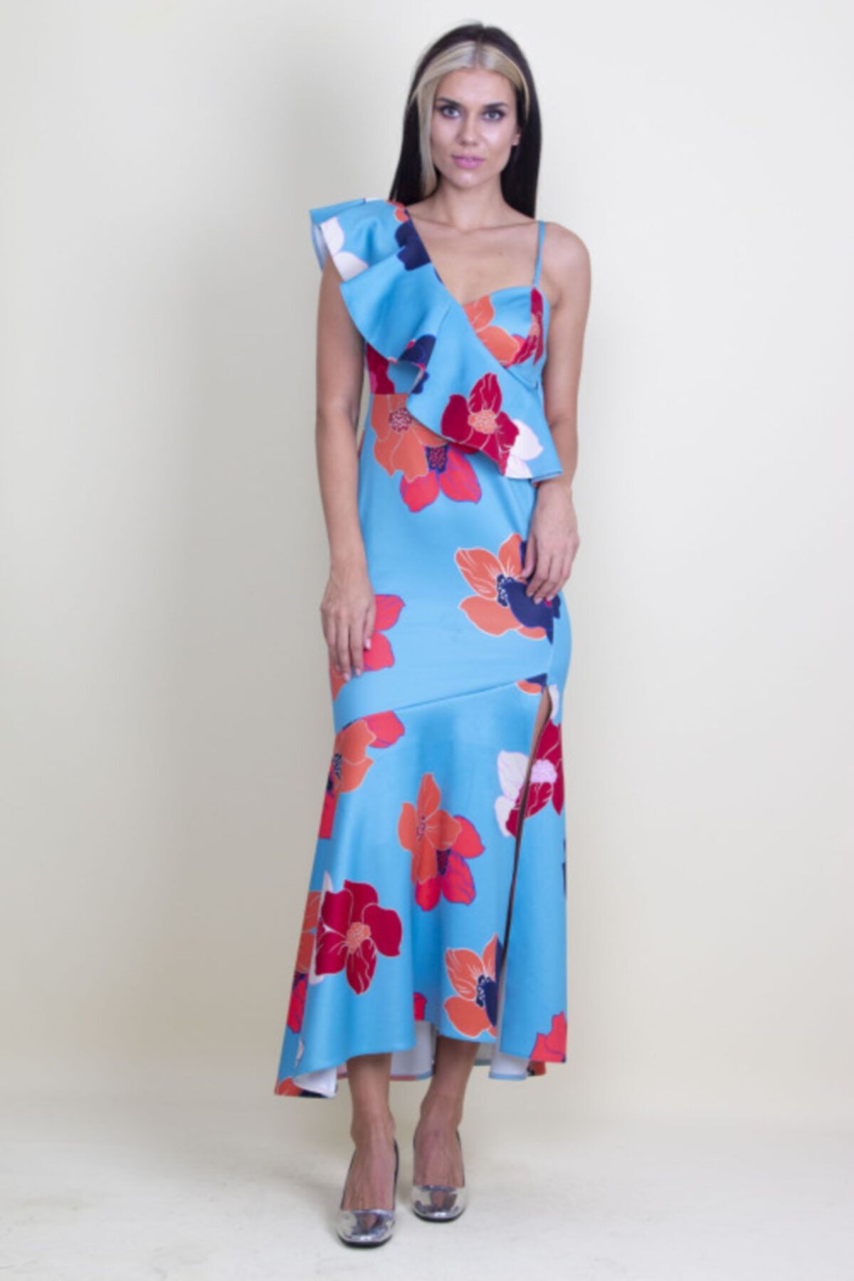Floral plunge ruffles top layered hem evening dress