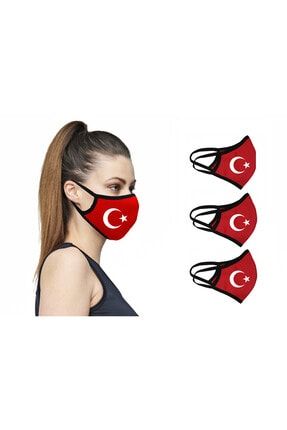 Kırmızı Siyah Ve Bayrak Baskılı Yıkanabilir Dikişli Nano Lateks Maske 3 Adet FP06KS3