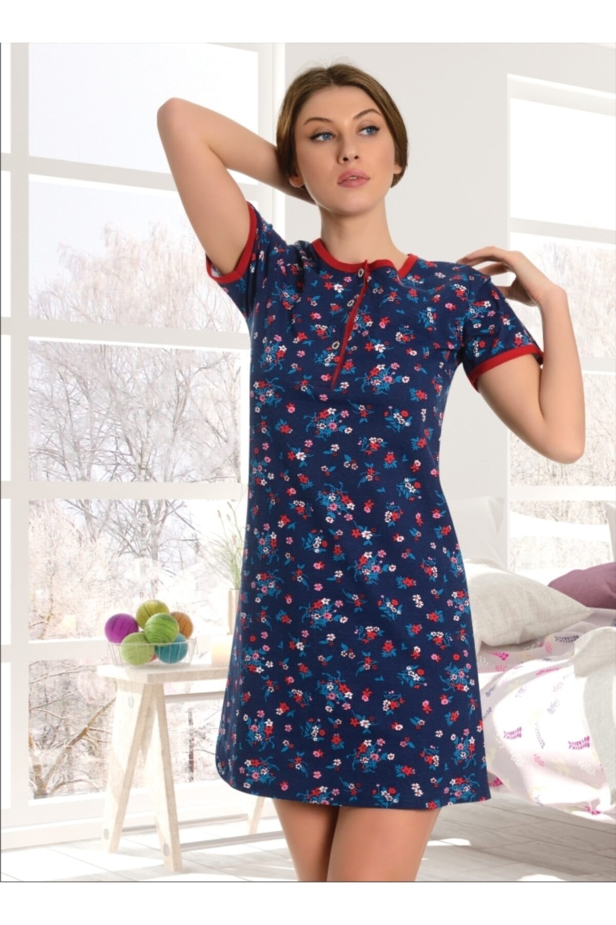 Ars Kadın Lacivert Çiçek Desenli Gecelik