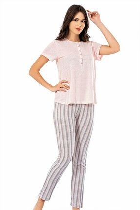 Kadın Pembe Yazlık Çizgili Kısa Kollu Pijama Takımı 8632