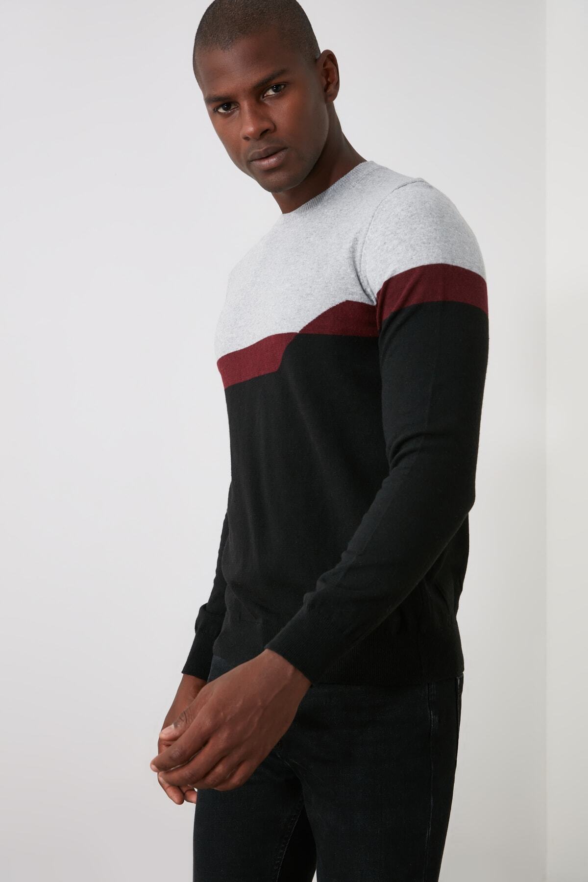 Trendyol Collection-Gray Slim Crew Neck Color Block Knitwear Sweater Tmnaw21Kz1793 7