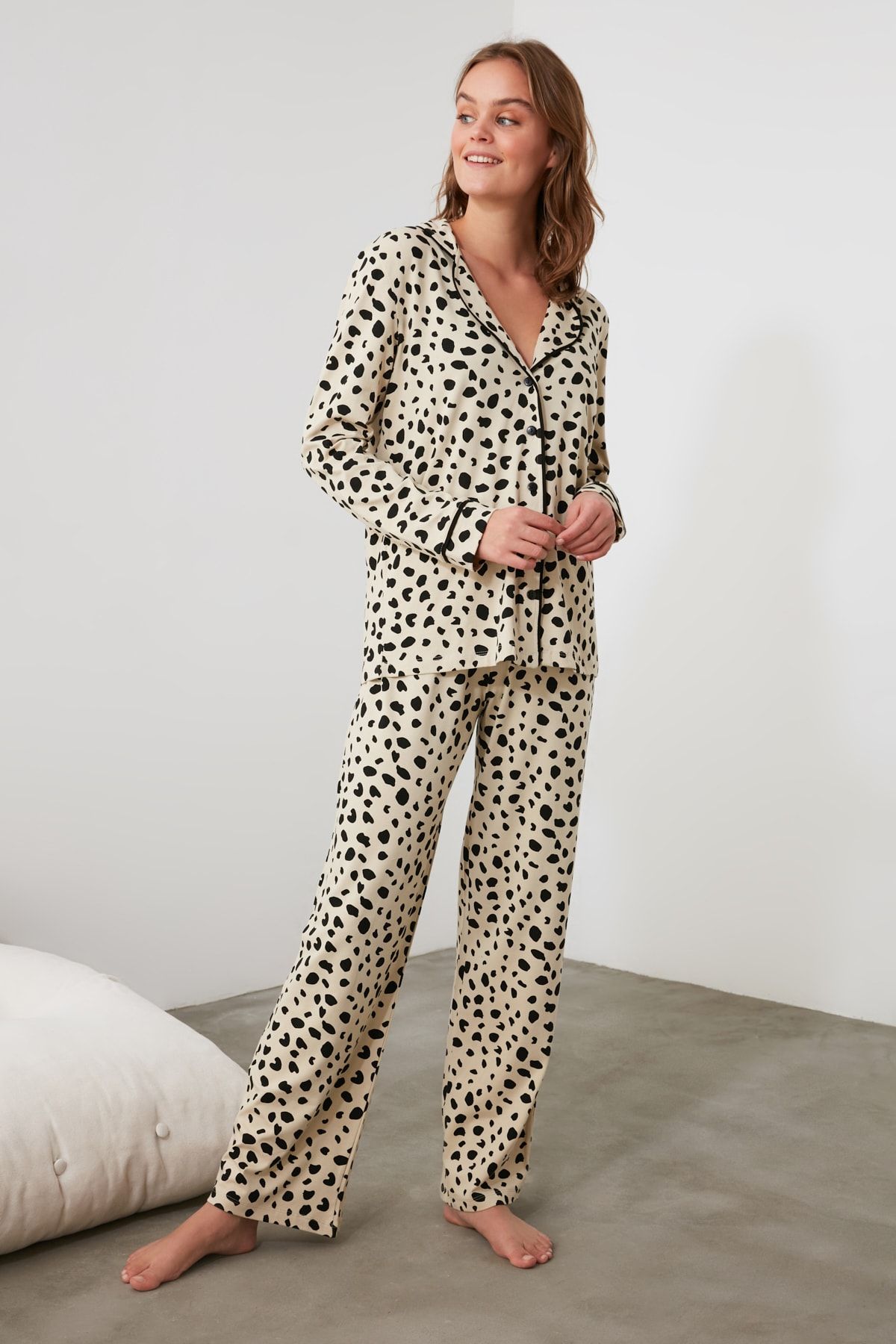 Trendyol Collection-Leopard Print Beige Cotton Pajamas Set - Shirt and Pants Thmaw21pt0489 19