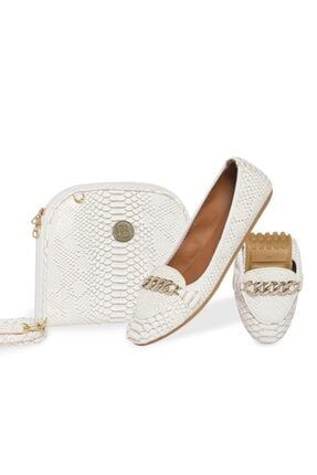 Kadın Beyaz Elegance Babet Ayakkabı Çanta Set CL24010