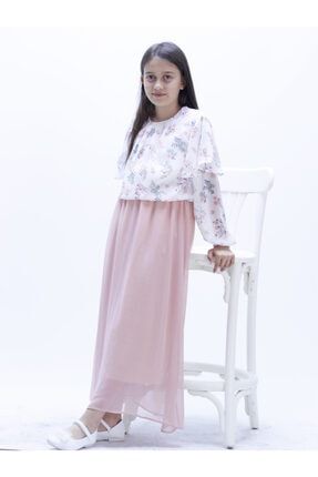 Asortik Şifon Kumaş Çiçek Desenli Bel Lastikli Kız Çocuk Elbise AST21020