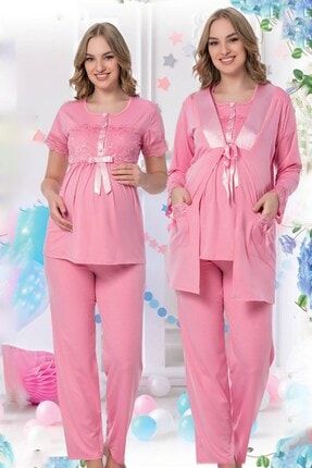 Pembe Renkli Kadın Lohusa Pijama Takımı - Jenika 35726 3 Lü Kadın Hamile Pijaması JNK-35726