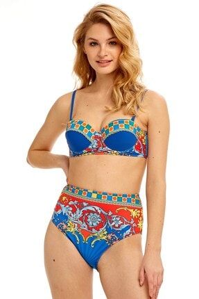 Kadın Mavi Geometrik Desenli Kaplı Bikini Takımı 00-1301-7172