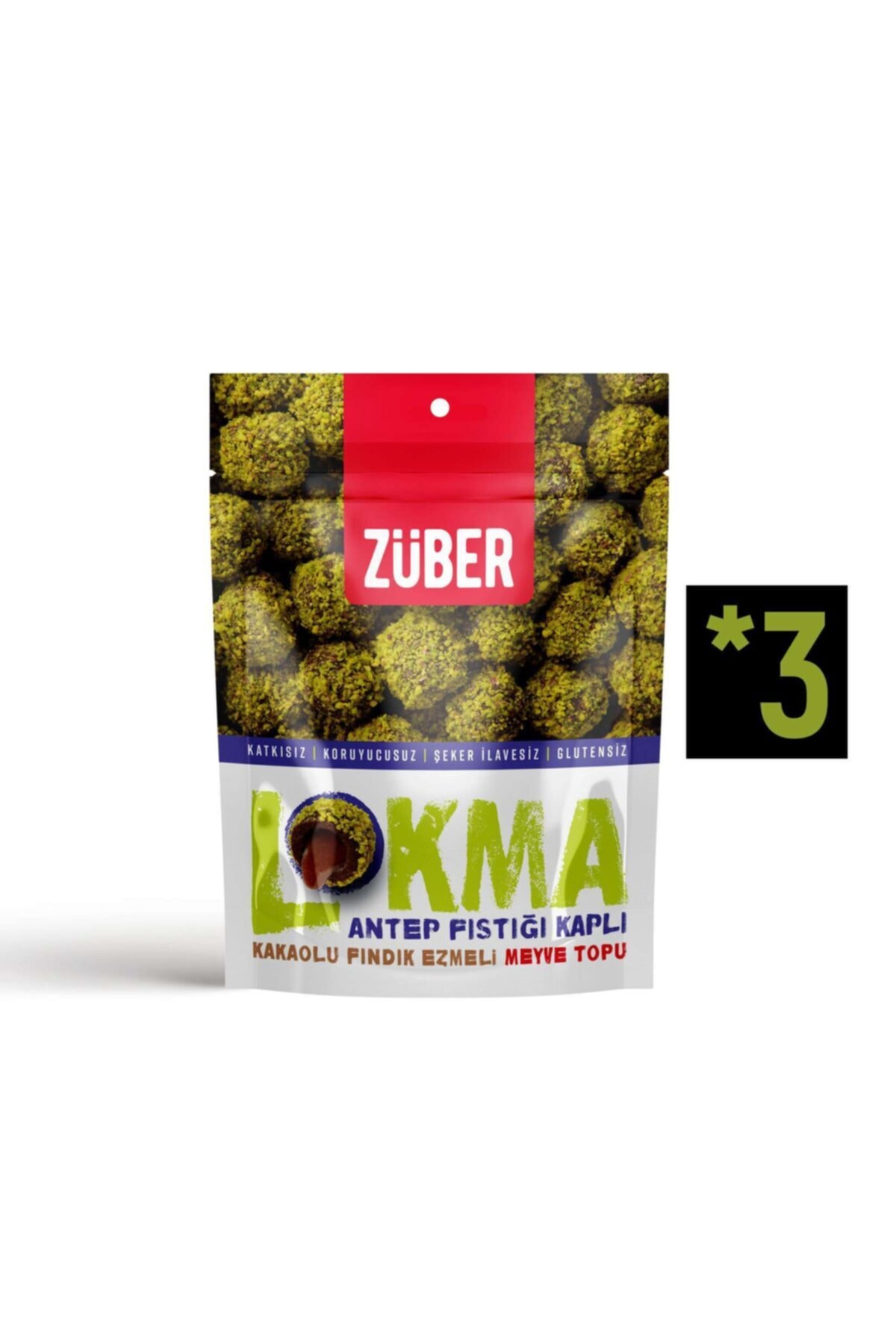 Züber Lokma Antep Fıstığı Kaplı Kakaolu Fındık Ezmeli Meyve Topu 96g X 3 Paket