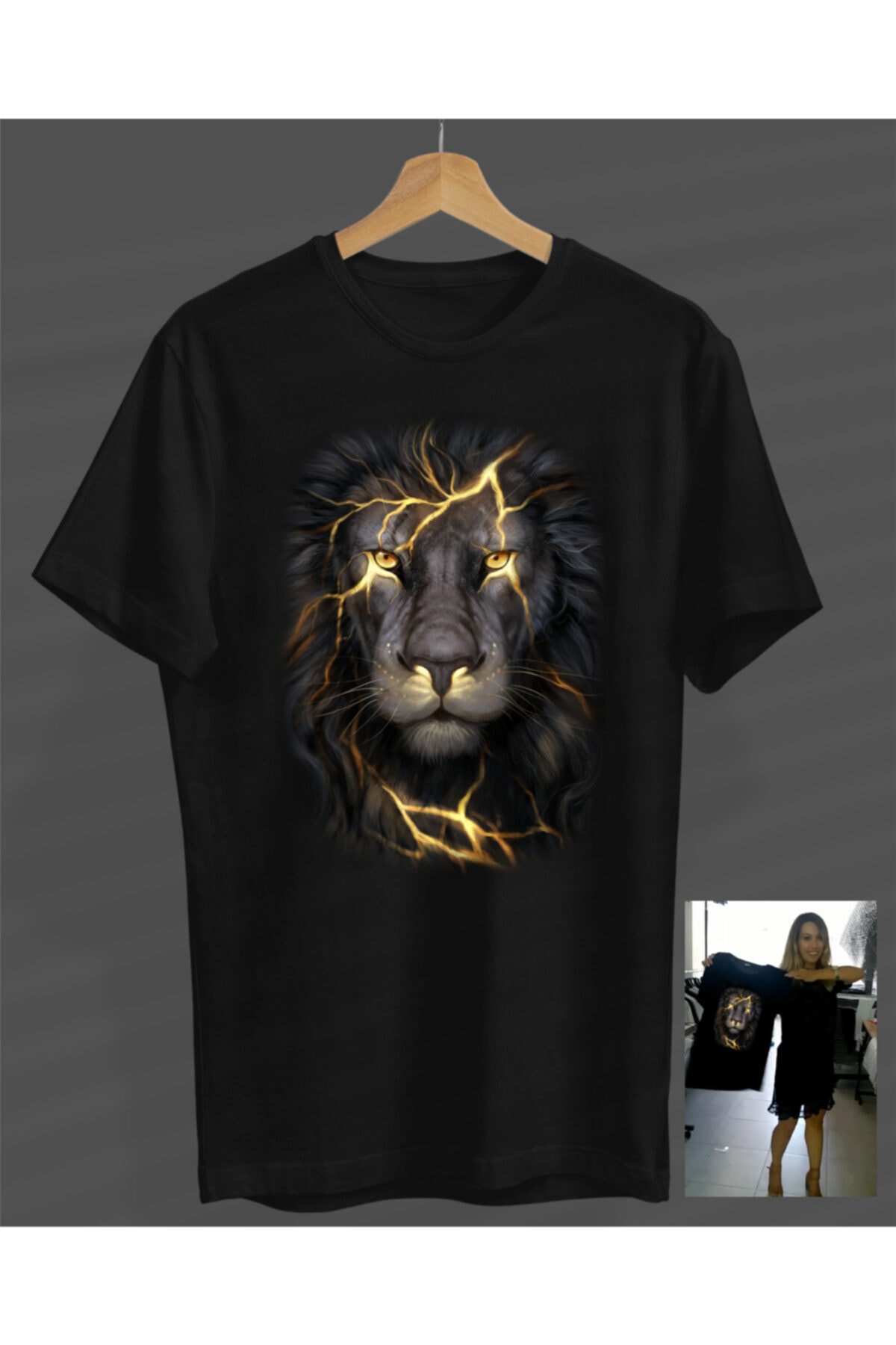 NOVUMUS Unisex Erkek-kadın Şimşek Aslan Tasarım Siyah Yuvarlak Yaka T-shirt