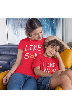 Anne Oğul Tişört Kombini Like Son Like Mom Baskılı Pamuklu 1. Kalite Kırmızı T-shirt Kombini HMAO100112109