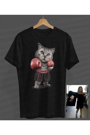 Unisex Kadın-erkek Boxor Kedi Tasarım Siyah Yuvarlak Yaka T-shirt S23358046720SİYAHNVM