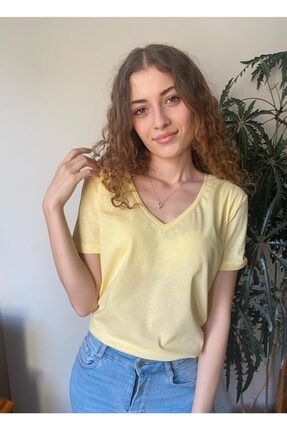 V Yaka Basic Tshirt Sarı NİCEVYK09