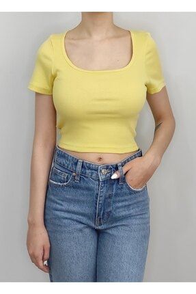 Kadın Sarı Fitilli U Yaka Kısa Kol Crop Tişört BML21-FKUC061005