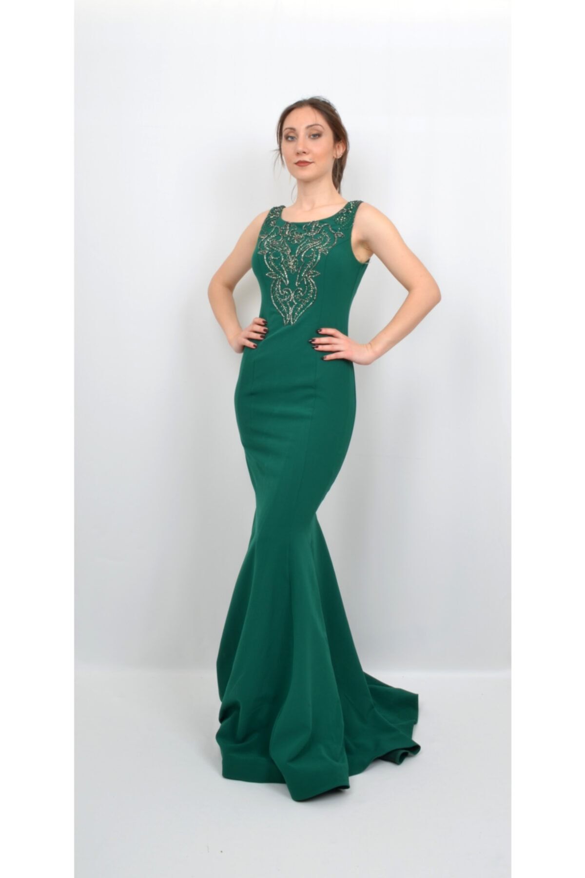 ALIS DRESS Вечернее платье зеленого цвета с вышивкой в виде рыбы AL-0692