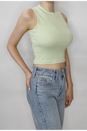 Kadın Mint Yeşili Fitilli Dik Yaka Kolsuz Crop Tişört BML21-FAC052901