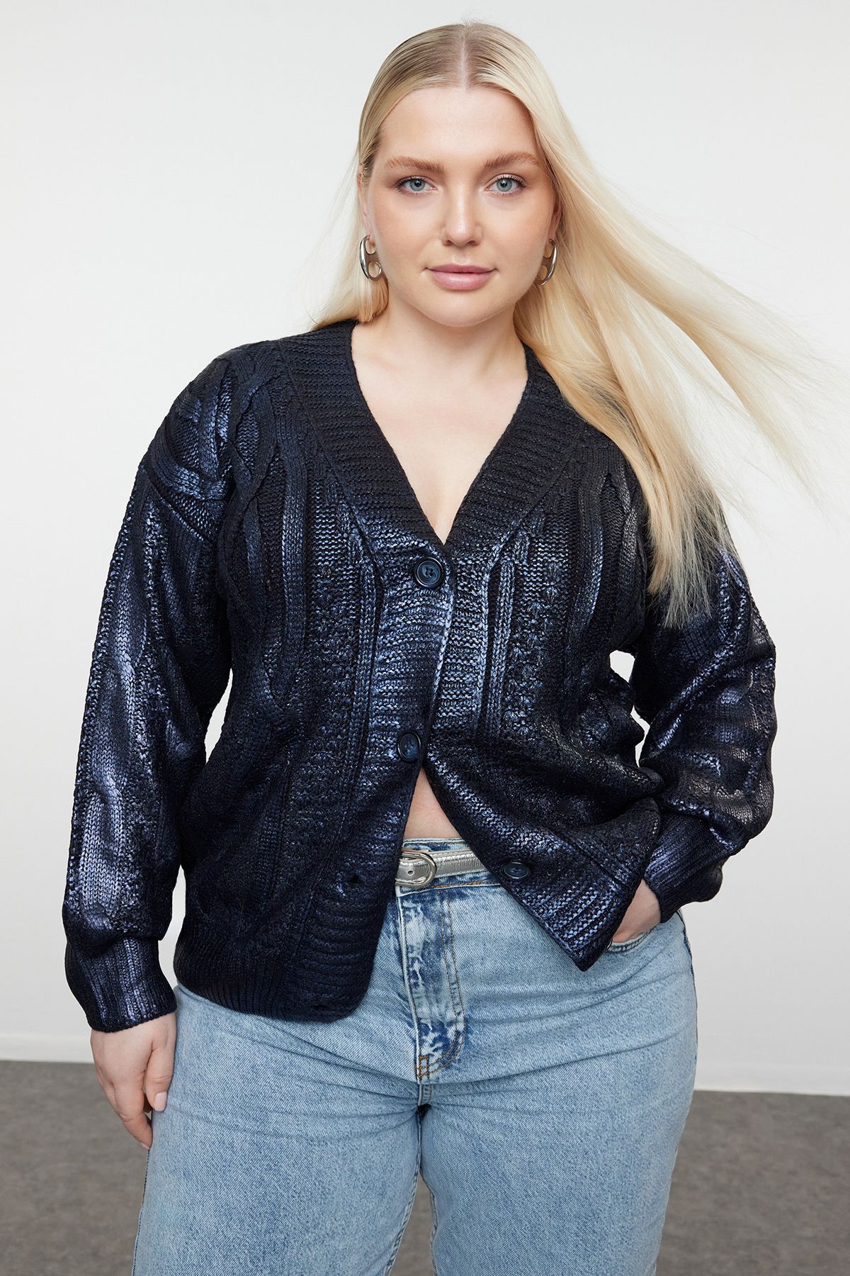Trendyol Curve Granatowy Pleciony Błyszczący Sweterek Dzianinowy - Tbbaw24av00033 Kobieta - 4XL